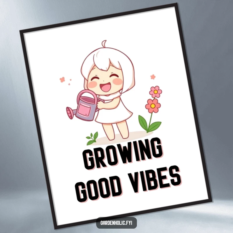 Funny poster featuring a cute character gleefully watering a small blooming flower with a tiny watering can, whimsical wall decor.