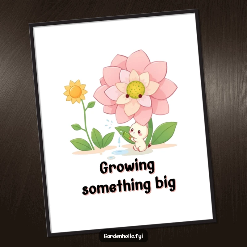 Funny Poster: Small creature joyfully watering a giant, flourishing flower, bringing whimsical garden charm to walls, a perfect funny gift.