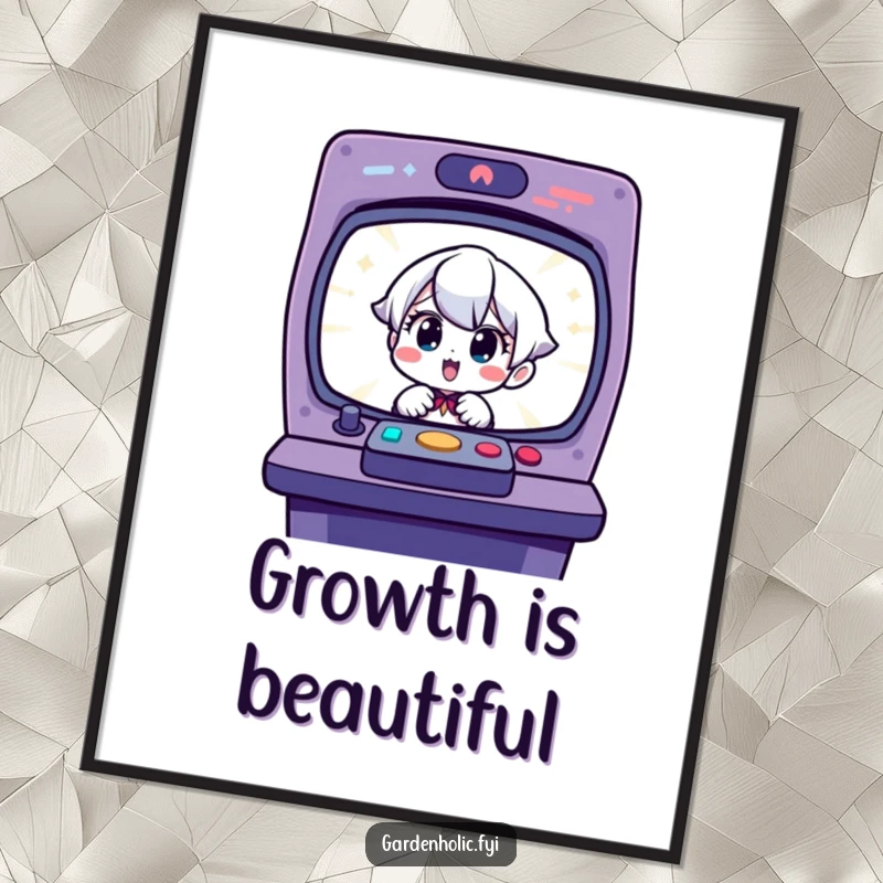 Funny poster: Charming character with a look of pure surprise and delight at a tiny, sprouting seedling.