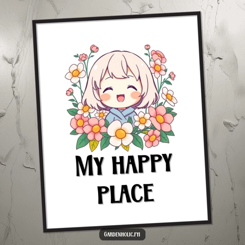 Funny poster art of a character beaming with pure happiness, enveloped by a vibrant garden of blooming flowers, cheerful decor.