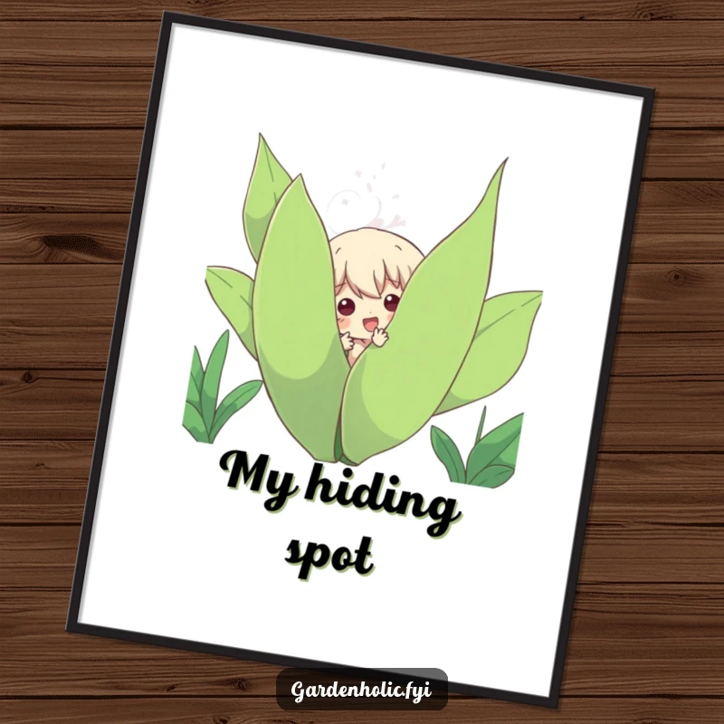 Funny Poster: Character playfully peeking out from behind a large, leafy plant, adding a humorous and botanical touch to decor.