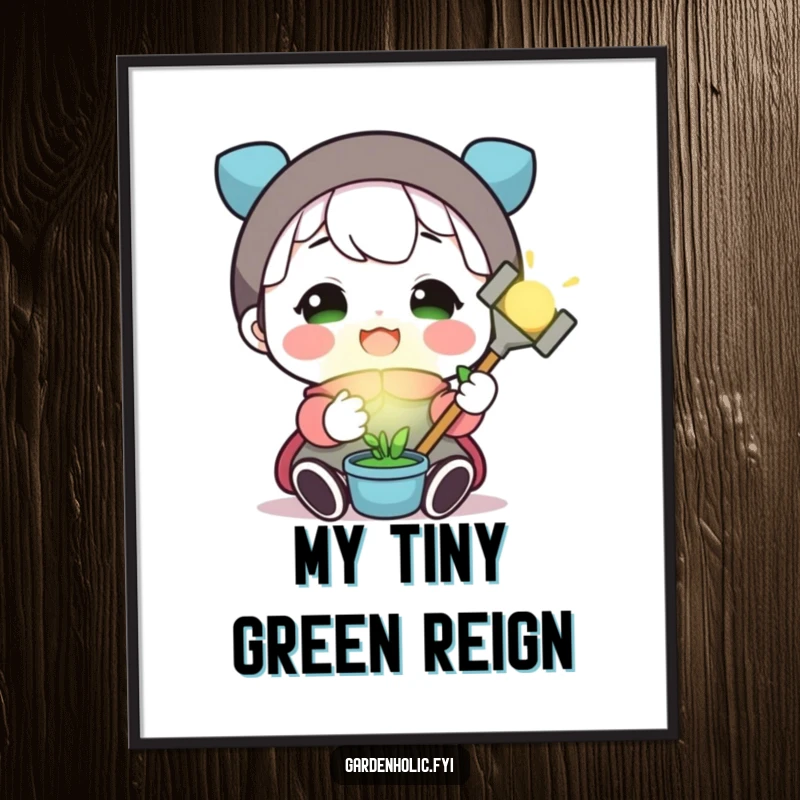 Funny poster depicting a beaming character holding a miniature, glowing gardening tool, celebrating the magic of gardening with joy.