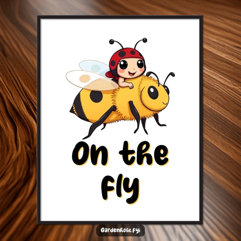 Funny ladybug character riding a friendly bumblebee on a vibrant poster, a cute and funny art gift.