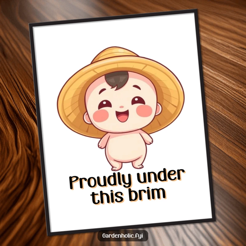 Funny Poster: Small entity wearing a straw hat, beaming with pride, symbolizing achievement and joy, offering humorous wall decor, a perfect funny gift.