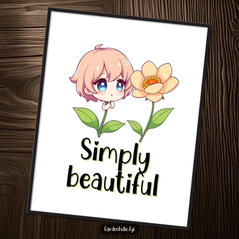 Funny Poster print of a character with sparkling eyes, admiring a perfectly bloomed, vibrant flower.