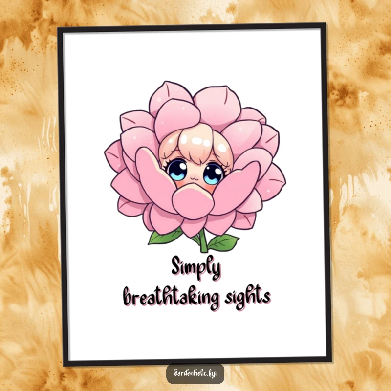 Funny poster of a character with wide, captivated eyes admiring a massive, blooming flower, evoking a sense of natural wonder.