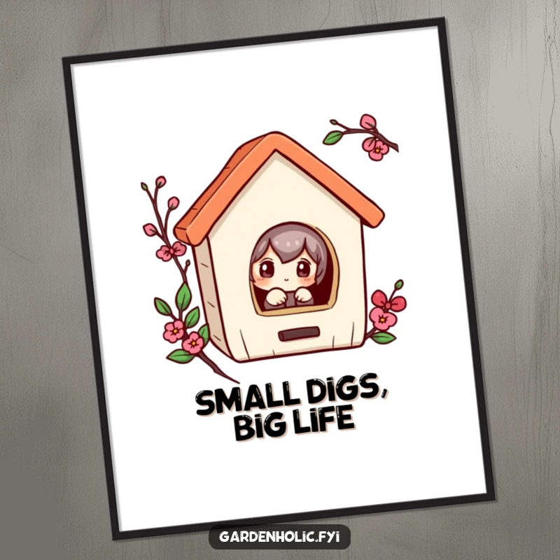 Funny poster showcasing a curious character peeking into a tiny birdhouse, a charming piece of humorous wall art.
