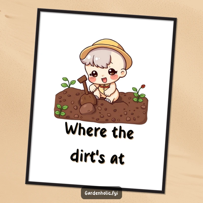 Funny Poster: Cute character depicted digging enthusiastically in rich soil, offering humorous wall decor for garden lovers, a perfect funny gift.