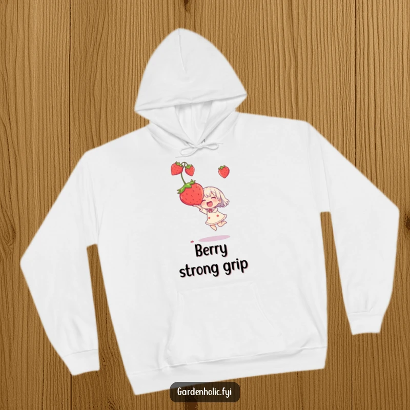 Funny hoodie showcasing a character joyfully catching a comically large strawberry, perfect for cozy humor.