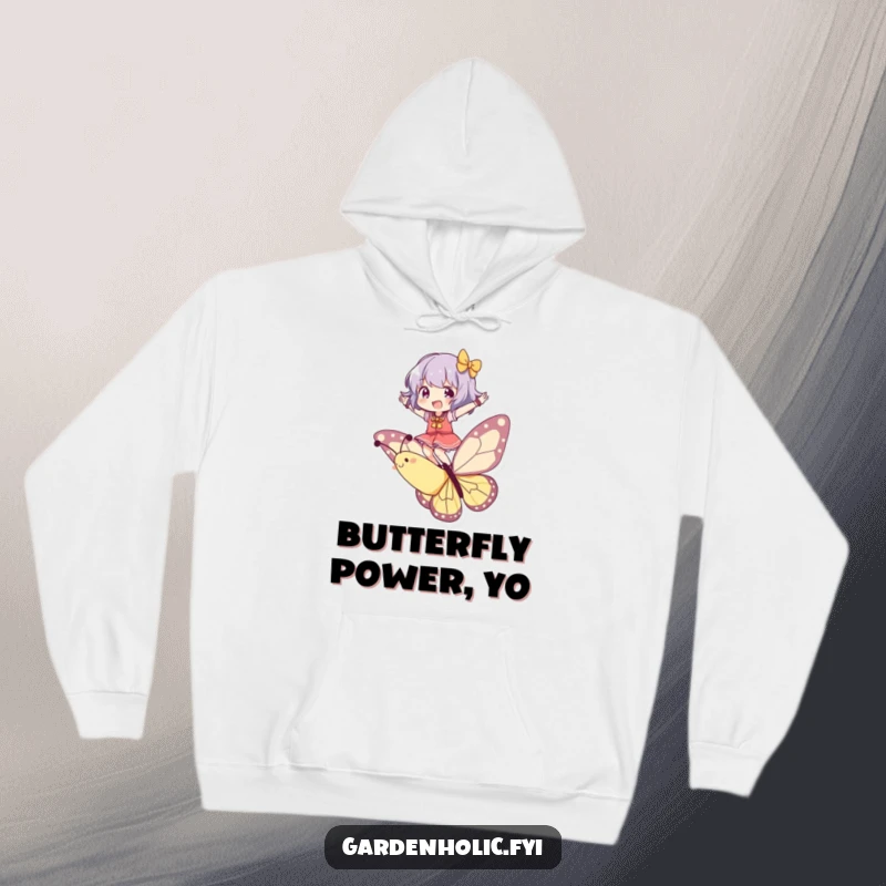 Funny Hoodie: Character joyfully balancing on a playful butterfly, offering cozy comfort and a touch of humorous, airborne delight.