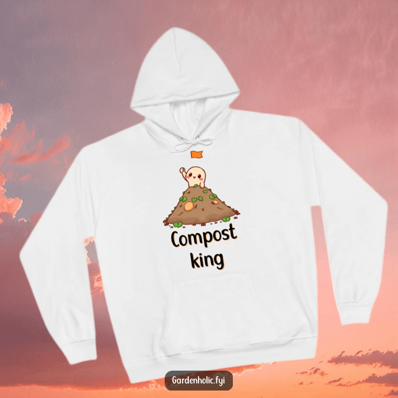 Funny Hoodie: A character triumphantly waves a small flag from atop a pile of compost, embodying humorous gardening success.