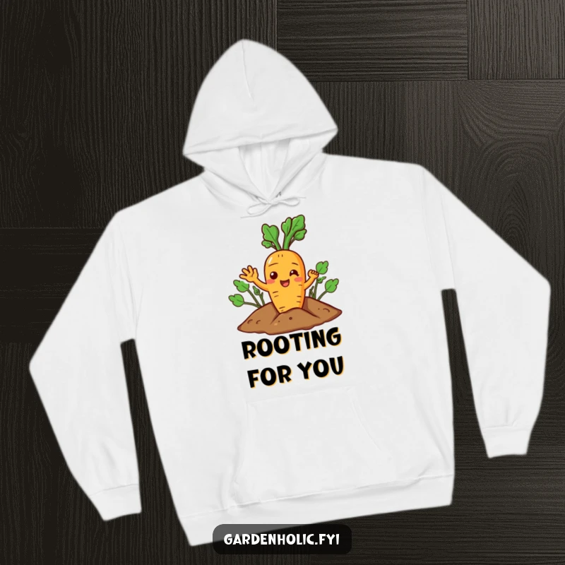 Funny Carrot Hoodie: A joyful character giving a cheerful wave from the soil, cozy and fun.