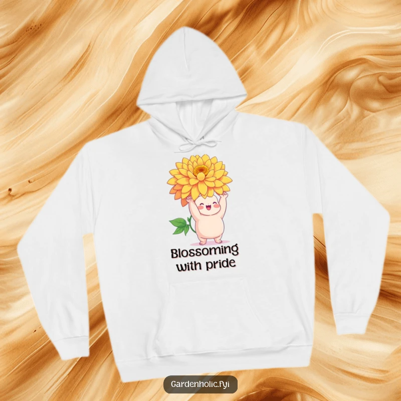 Funny hoodie featuring a chubby character triumphantly holding a giant, vibrant flower, perfect for cozy celebrations.