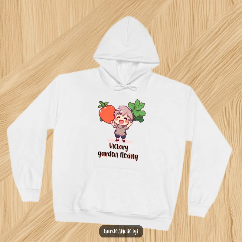 Funny hoodie depicting a gleeful character holding a colossal, colorful vegetable, symbolizing agricultural pride and comedic rural life.