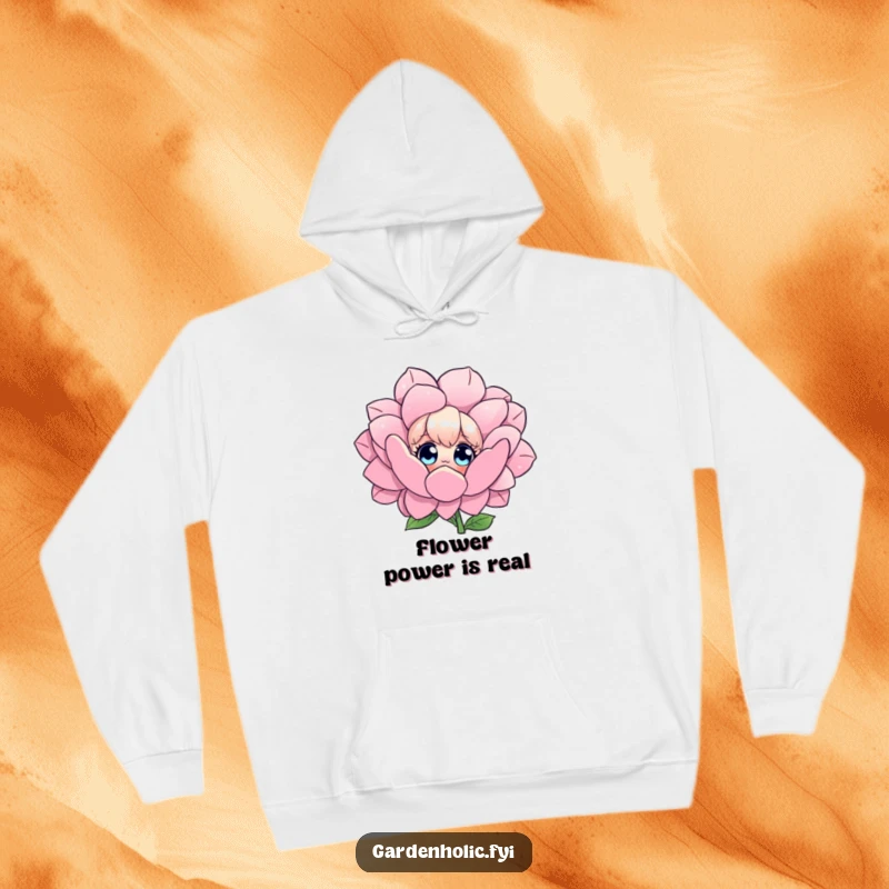 Funny hoodie featuring a character with wide eyes mesmerized by a colossal, stunning flower, radiating a sense of gentle amazement.