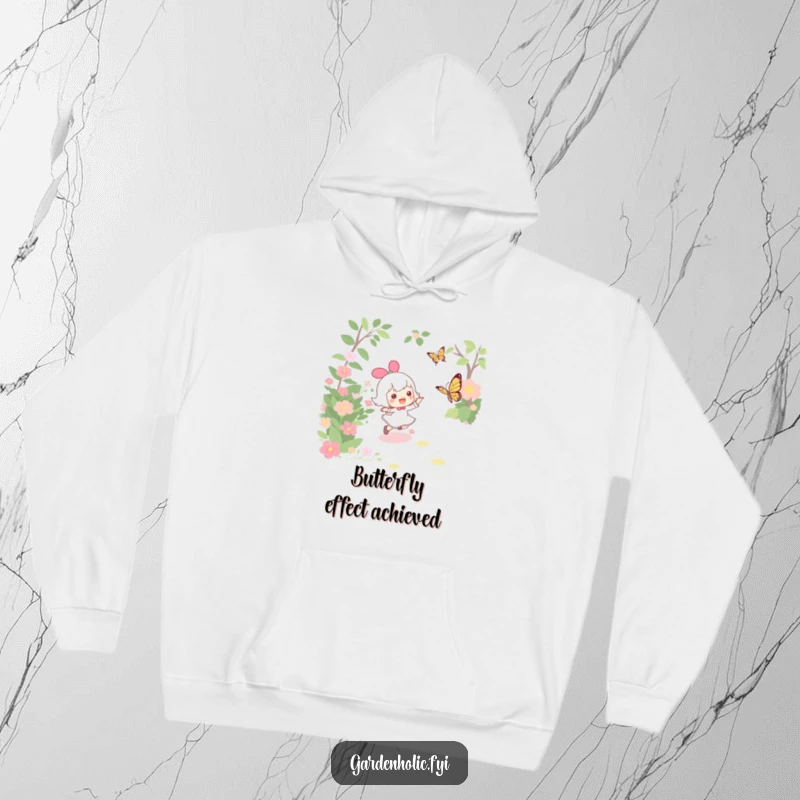 Funny, cozy hoodie featuring a character joyfully chasing a fluttering butterfly through a whimsical garden, radiating playful energy.