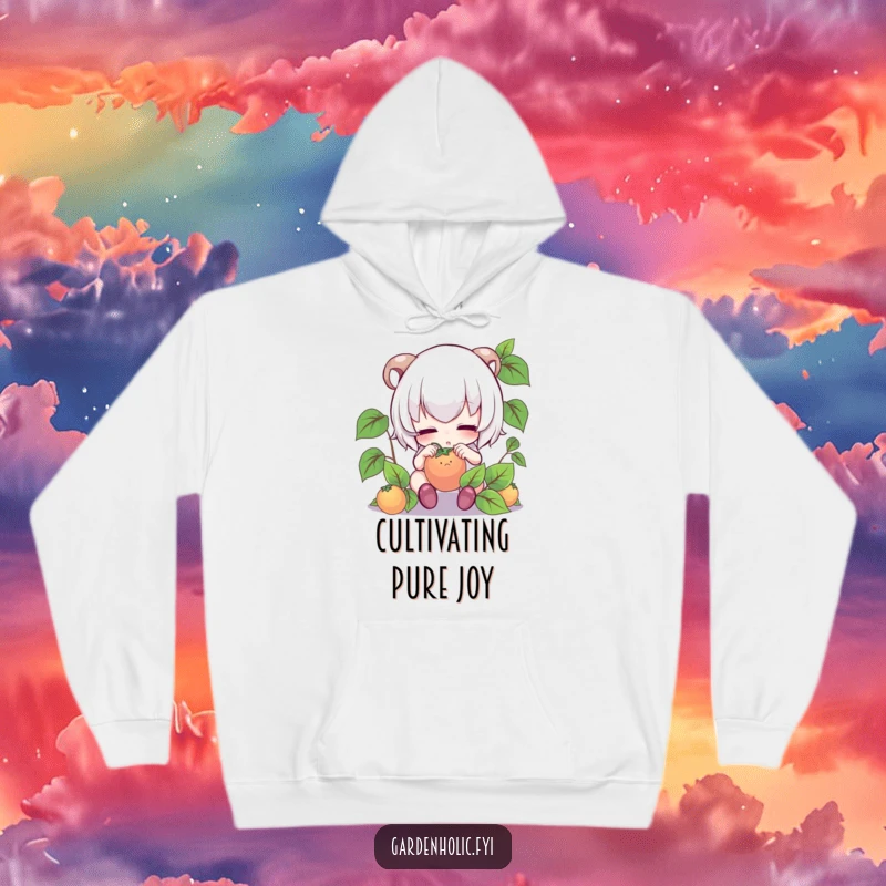 Funny hoodie: Cute character intensely focused, gently tending to a small fruit, radiating care.