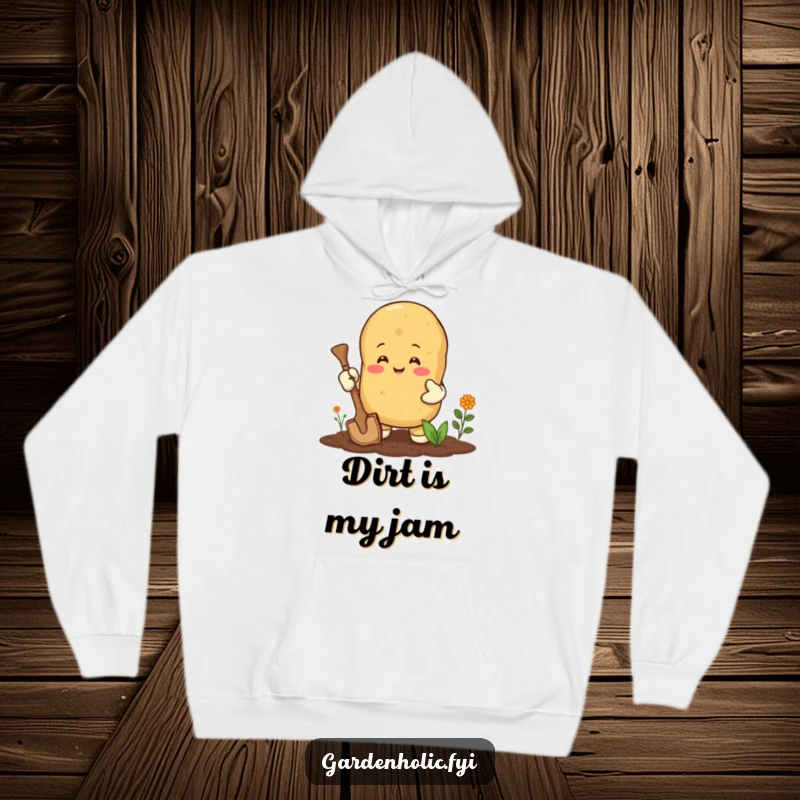 Funny hoodie: A happy potato wearing gardening gloves, energetically digging, a cozy garment for garden lovers.