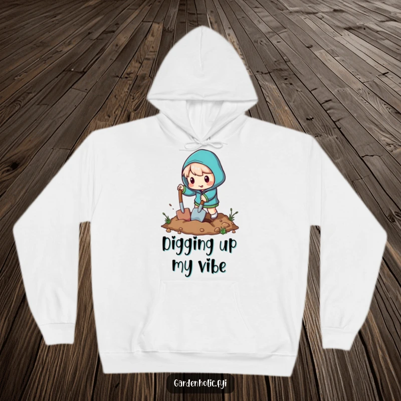 Funny hoodie featuring a character enthusiastically digging a hole with a miniature shovel, perfect for cozy humor.