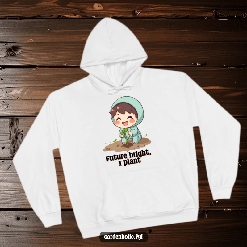 Funny hoodie featuring an excited character planting a seed with a big smile, symbolizing growth and new beginnings.