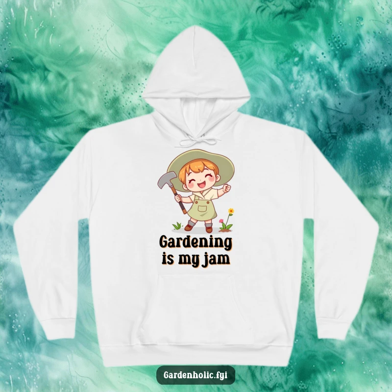Funny Hoodie depicting a character joyfully swinging a gardening hoe with a determined smile, representing passionate cultivation.