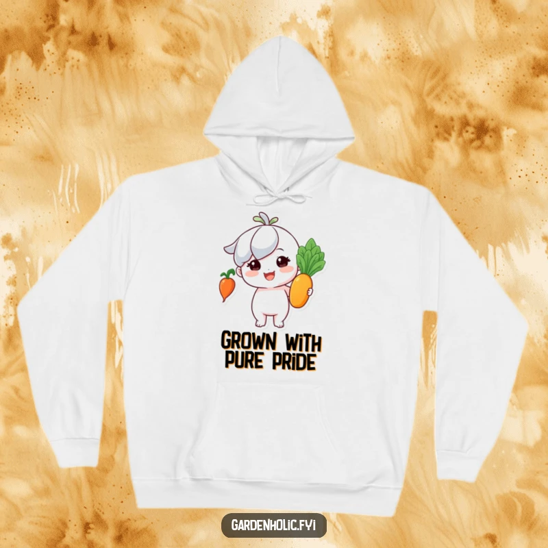 Funny hoodie: Tiny character proudly beaming, holding a perfect, shiny vegetable, radiating garden success.