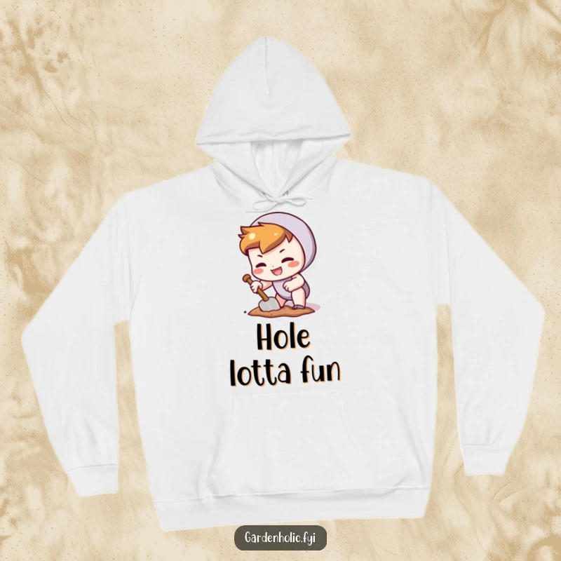 Funny hoodie showing a character with a determined grin, digging a tiny hole with a trowel, embodying persistent effort.