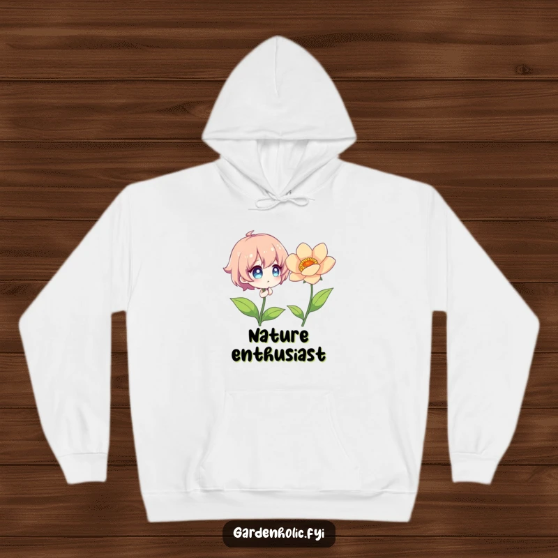 Funny Hoodie with a character's sparkling eyes, captivated by a perfectly bloomed, vibrant flower.