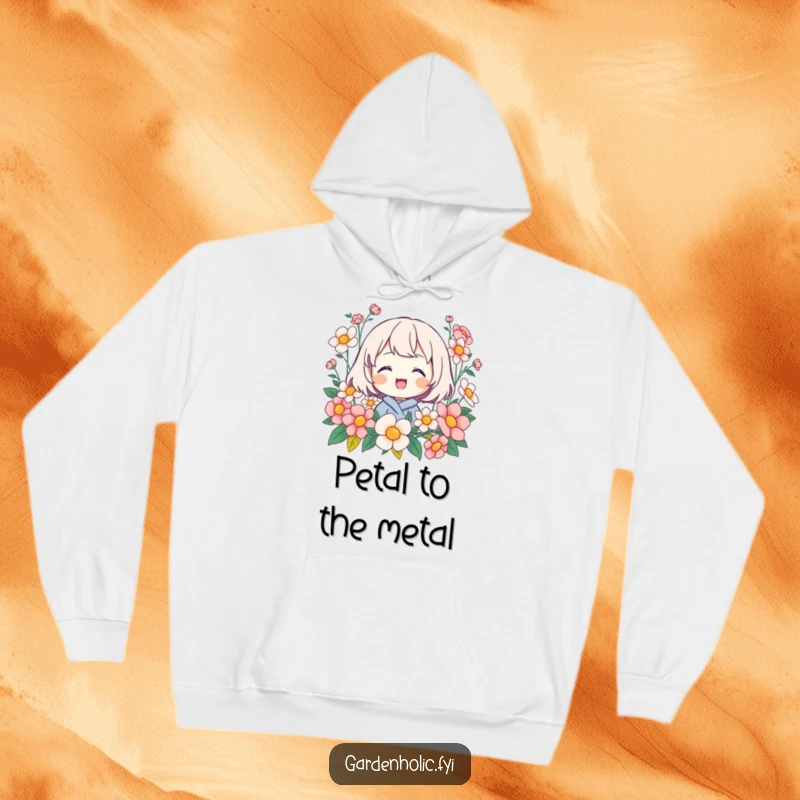 Funny, cozy hoodie with a character beaming happily surrounded by abundant blooming flowers, offering warmth and cheer.