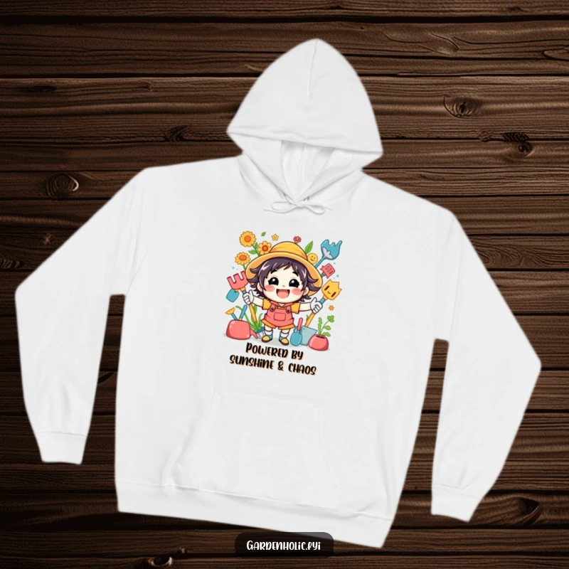 Funny hoodie depicting a cheerful, super-energetic character surrounded by an explosion of colorful garden tools, perfect for garden lovers.