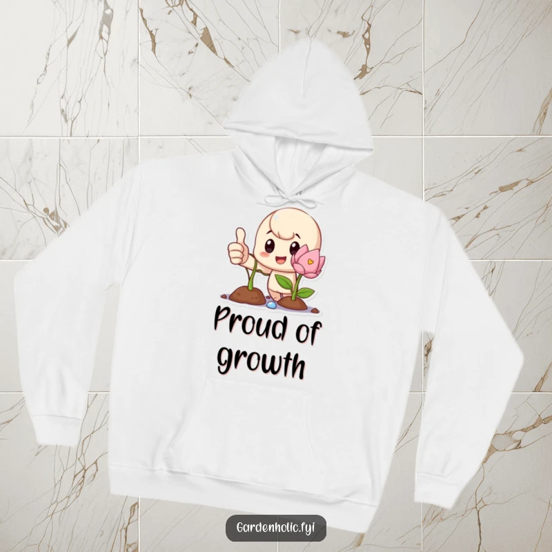Funny Hoodie with a proud character giving a thumbs up beside a flourishing sprout, symbolizing achievement and potential.