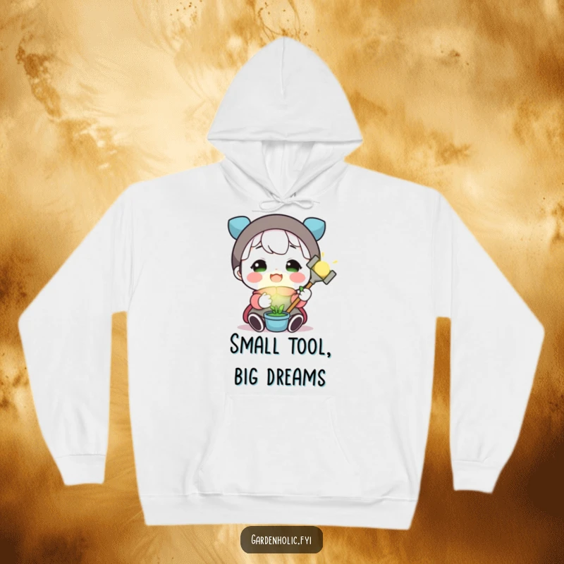 Funny hoodie featuring a beaming character with a miniature, glowing gardening tool, radiating happiness and love for plants.