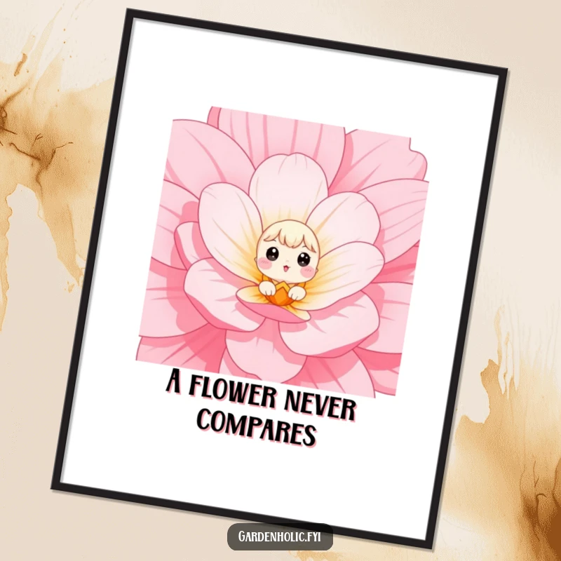 Funny Free Printable Wall Art of a small character peeking out from a giant flower bloom with wide, curious eyes.