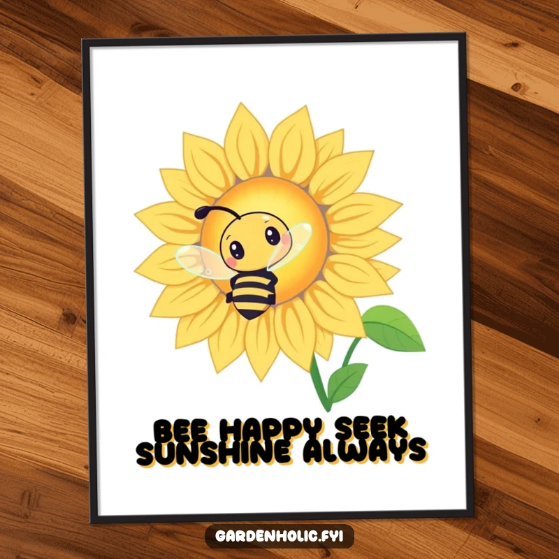 Funny Free Printable Wall Art: Curious bee character buzzing energetically around a giant, glowing sunflower. Downloadable art.