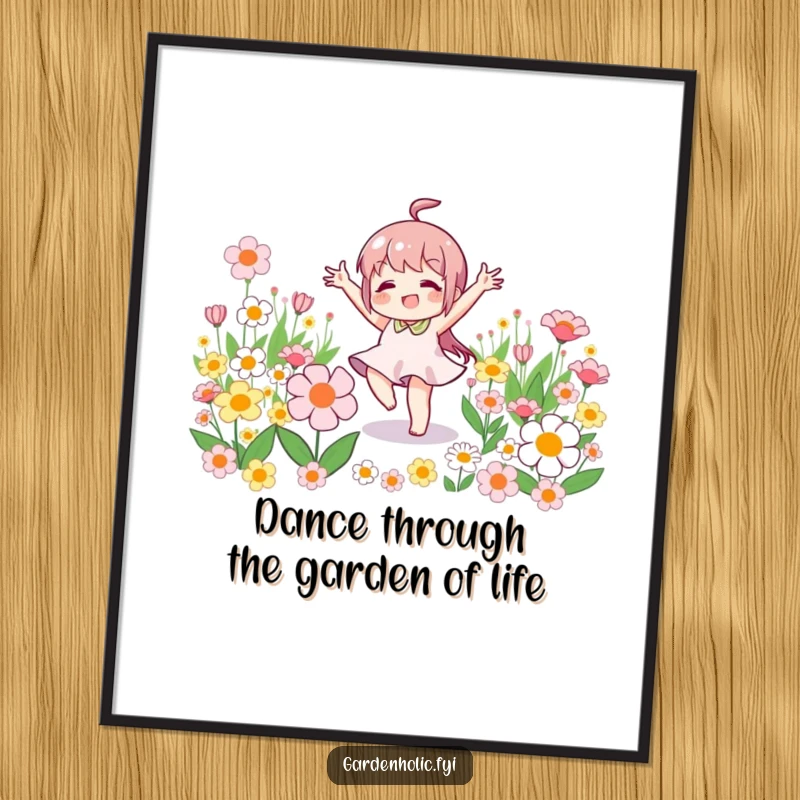 Funny Free Printable Wall Art: Little character doing a vibrant victory dance amidst a patch of blooming flowers.