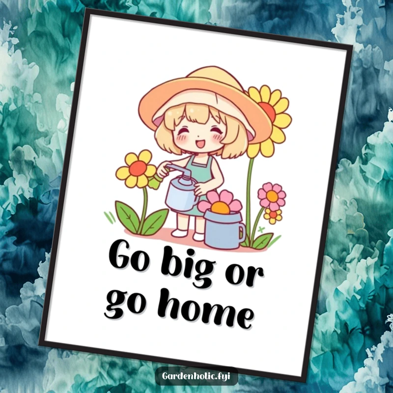 Funny free printable wall art of a cute character in a sunhat happily watering a ridiculously oversized flower, celebrating the joy of nature.