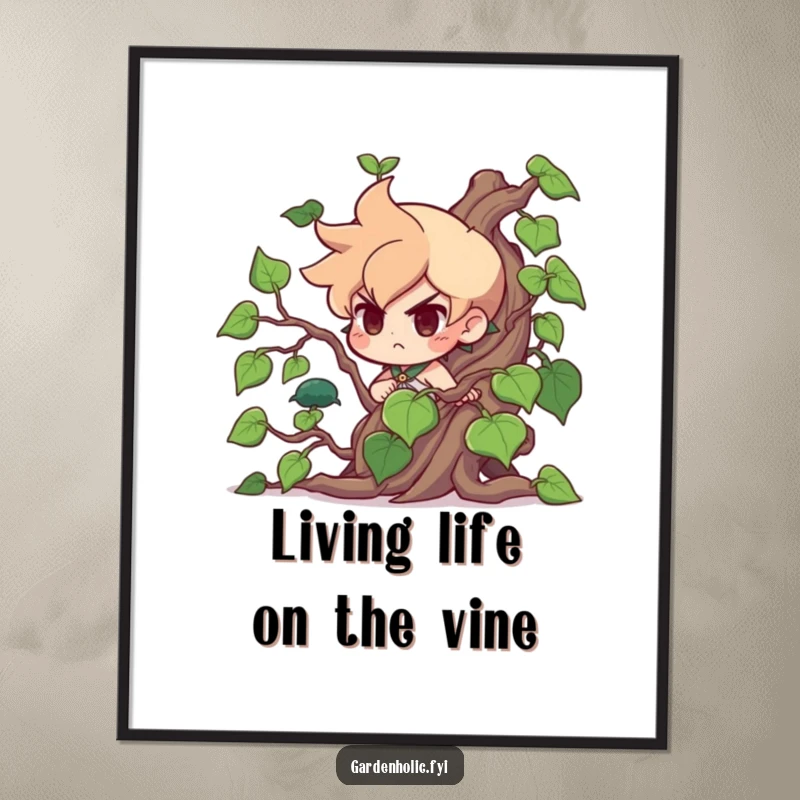 Funny Free Printable Wall Art: Determined character battling a massive, unruly vine with a comical expression, downloadable decor.