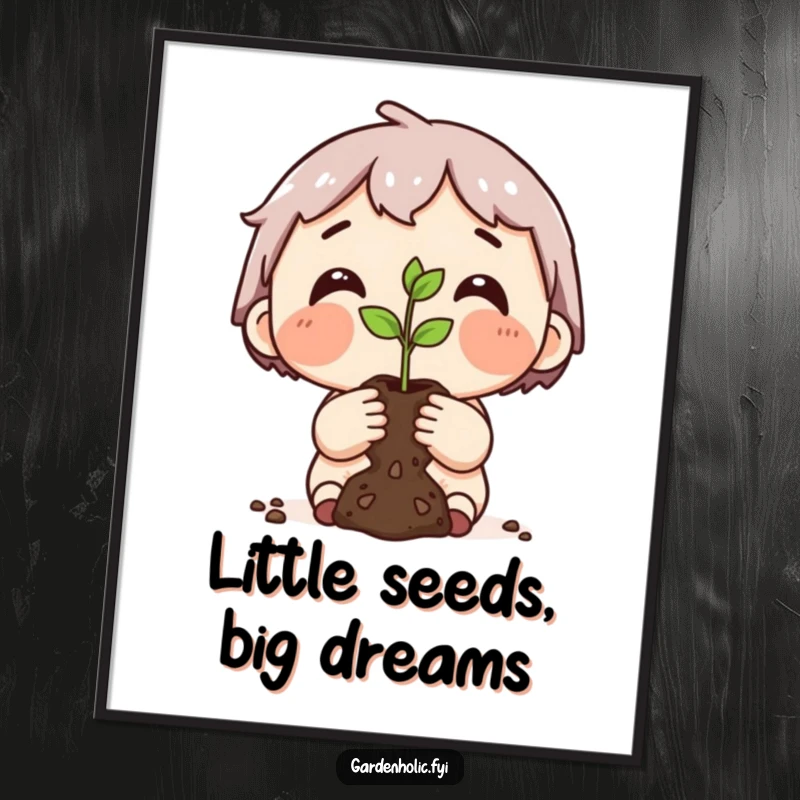 Funny free printable wall art showing a character with dirt smudges on their cheeks proudly holding up a tiny seedling, celebrating growth and potential.