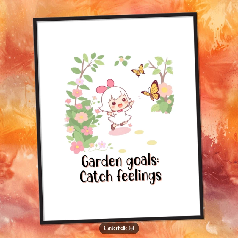 Funny Free Printable Wall Art: A character joyfully runs through a garden, chasing a delicate fluttering butterfly.