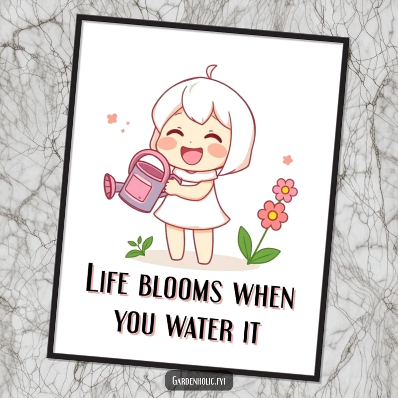 Funny Free Printable Wall Art: Adorable character gleefully showering a tiny bloom with water from a small watering can.