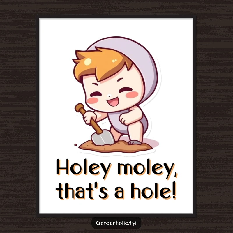 Funny Free Printable Wall Art: Character with a determined grin digging a tiny hole with a trowel, embodying dedication.