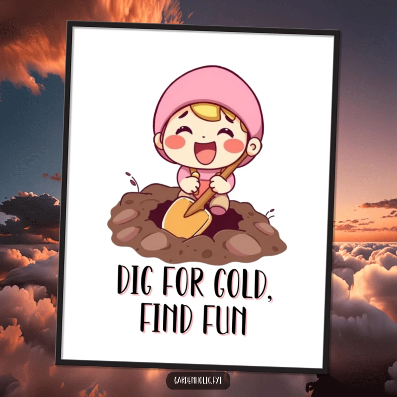Funny Free Printable Wall Art: A character joyfully digs a hole with a tiny shovel, radiating excitement.