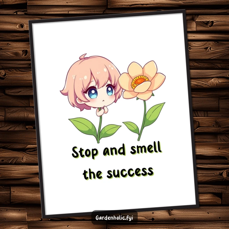 Funny Free Printable Wall Art: Character with sparkling eyes admiring a vibrant flower, peaceful nature scene, downloadable decor.