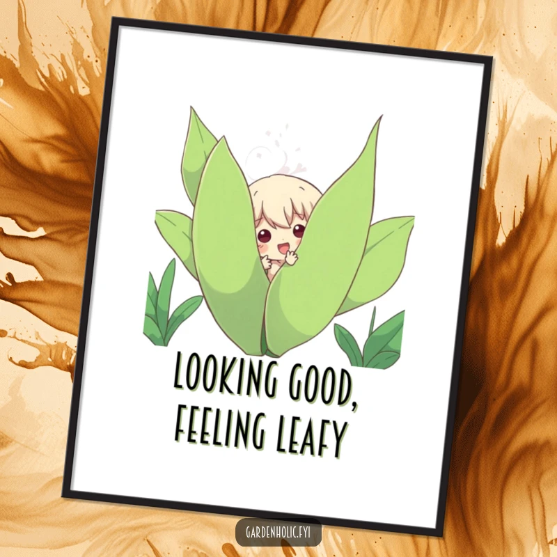 Funny Free Printable Wall Art showing a character peeking playfully from behind a large, leafy plant, adding humor to decor.