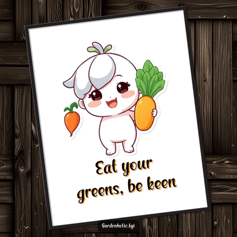Funny free printable wall art of a tiny character beaming with pride, holding a perfect, shiny harvested vegetable.