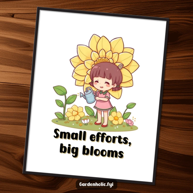 Funny Free Printable Wall Art: A character waters an enormous, blooming flower with a comically tiny watering can.