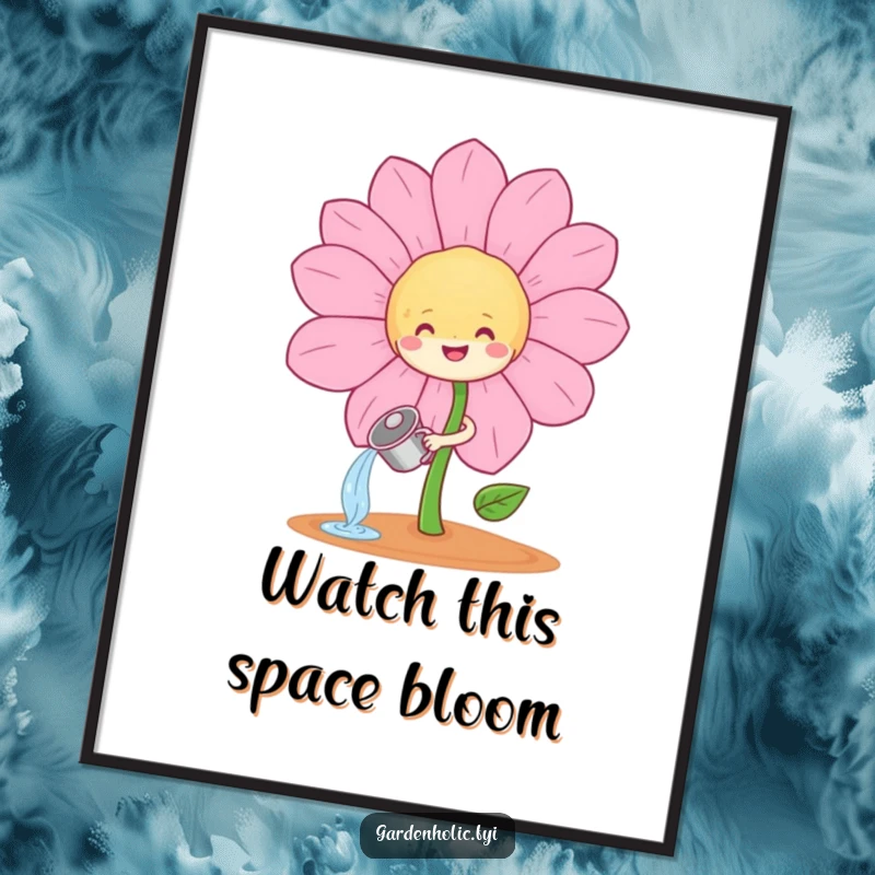 Funny Free Printable Sprout Wall Art: Adorable sprout character joyfully watering a giant, smiling flower. Cute, humorous room decor.