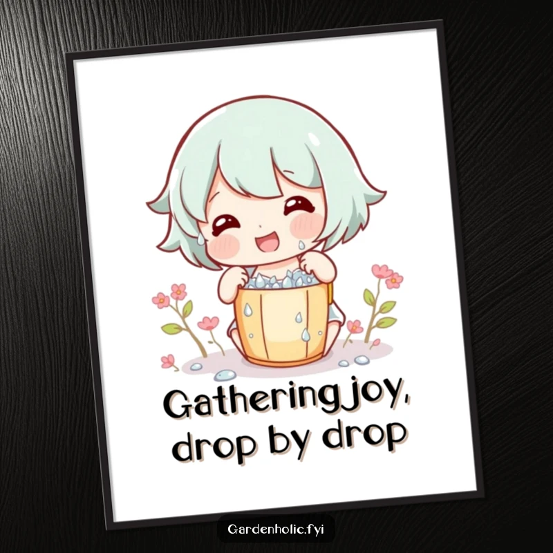 Funny Free Printable Wall Art of a character gleefully collecting tiny dew drops in a miniature bucket with a smile.