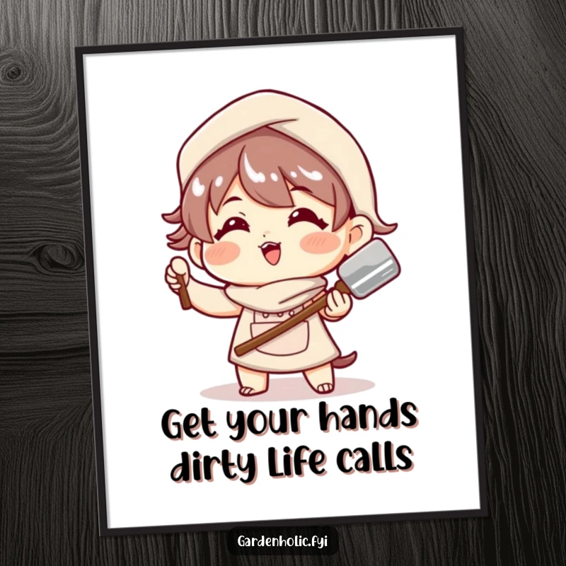 Funny Free Printable Wall Art: Character strikes a jaunty pose with a shiny garden trowel, embodying playful gardening spirit.