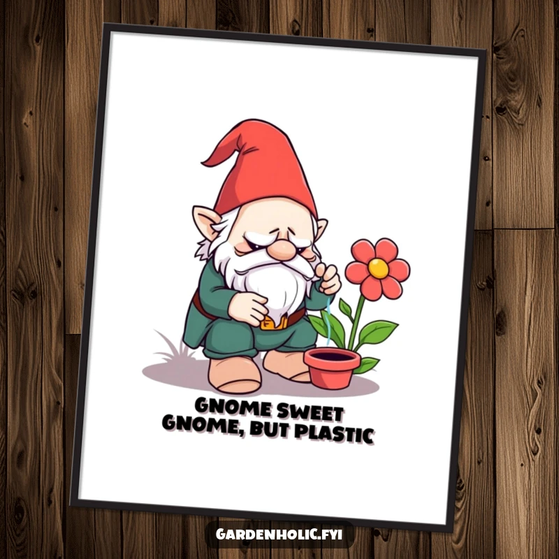 Funny Free Printable Wall Art: A grumpy garden gnome watering a fake flower, bringing dry humor to any room. DIY decor.
